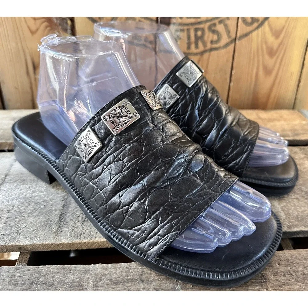 MINNETONKA Slides Sandals Black Aztec Women's 8 Comfort Medallions
